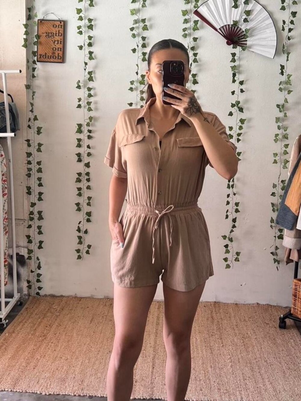 Gilli Taupe Drawstring Romper – Size S